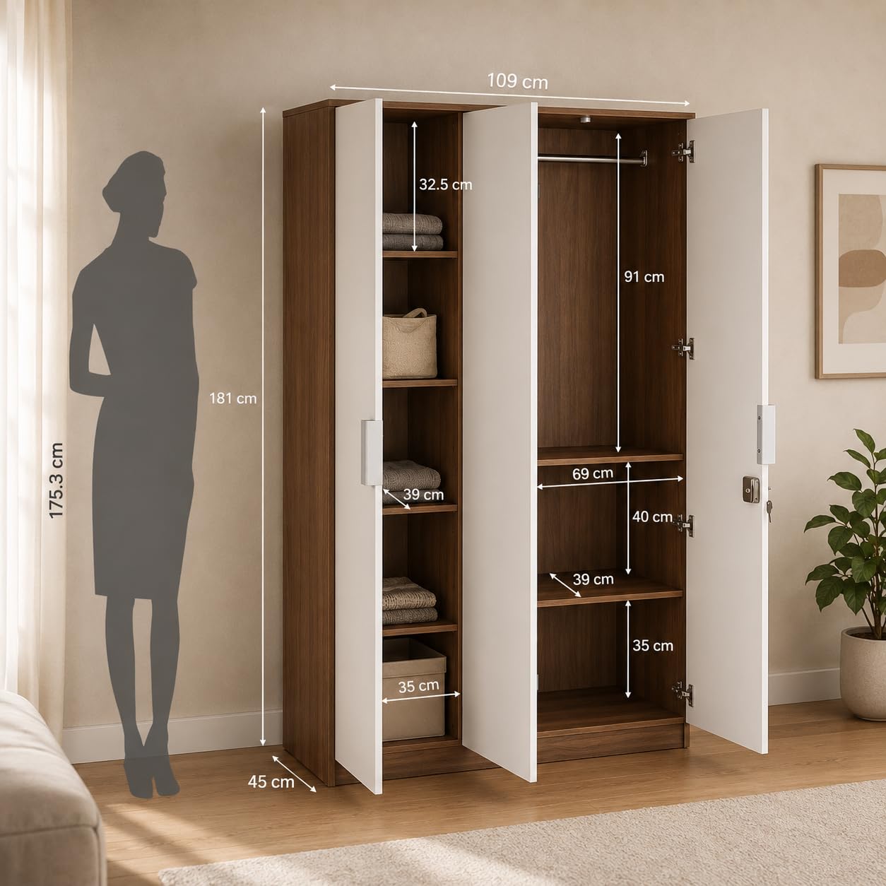 Wardrobe · 3-door + hanging — Walnut & White finish