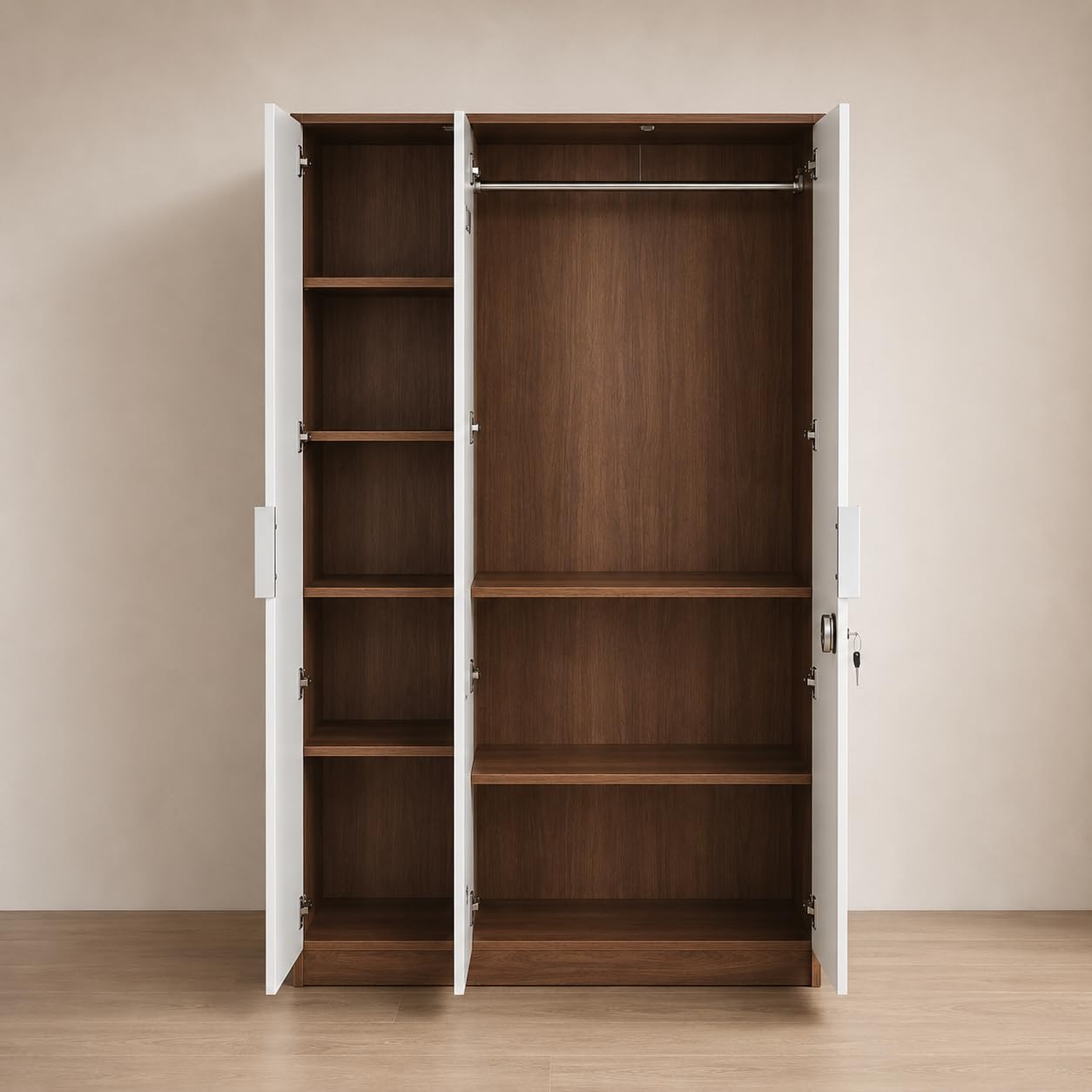 Wardrobe · 3-door + hanging — Walnut & White finish